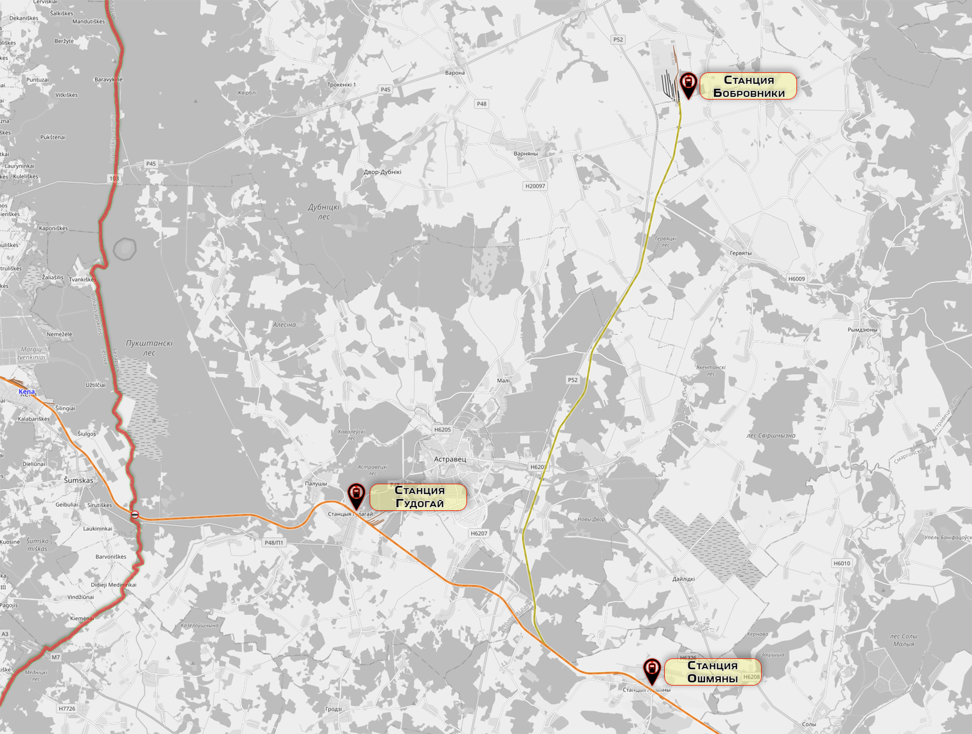 Location of railway stations in the destination area of the troop train